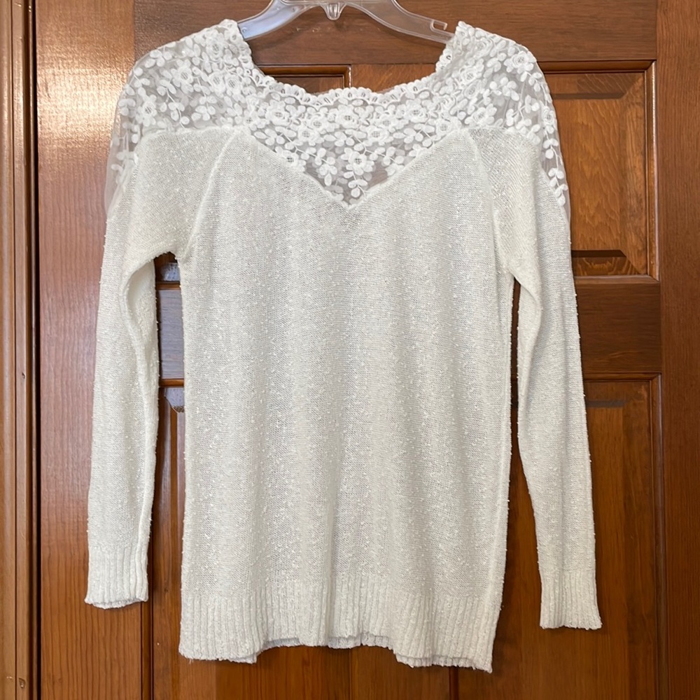 Miracle cream lace shoulder sweater.